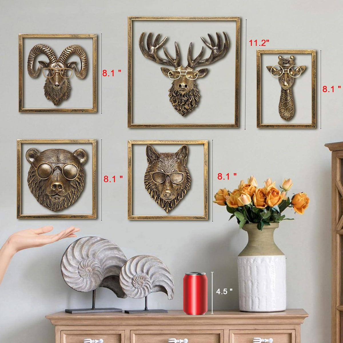 JJALIGHTS Animal Heads Wall Decor Resin Animals Sculptures Head Wall Hanging Decoration Imitation Copper vintage Wall Sculpture for Living Room Bedroom Office(Bighorn,Includes Metal Frame)
