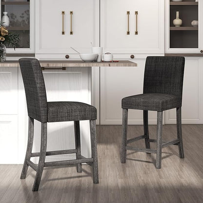 COSTWAY Upholstered Counter Height Stools Set of 2, Bar Stools w/Ergonomic Backrest, Solid Wood Frame, 24.5” Fabric Counter Height Chairs for Kitchen Island, Dining Room, Pub (Grey)