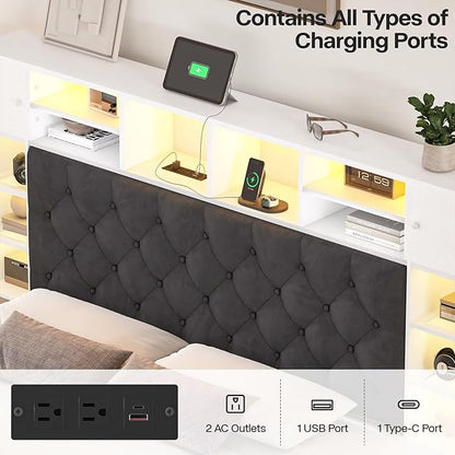Full Size Bed Frame with Bookcase Headboard and Storage Drawers, 51.2" Metal Platform Full Bed Frame with Charging Station and LED Lights, Velvet Upholstered Tufted Bed Frames, White