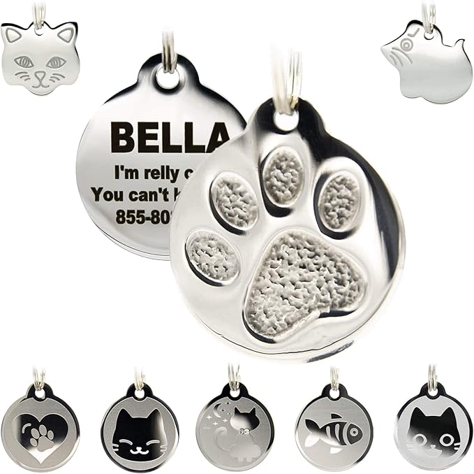 Stainless Steel Cat ID Tags - Engraved Personalized Cat Tags includes up to 4 Lines of Text with Round Paw Shape