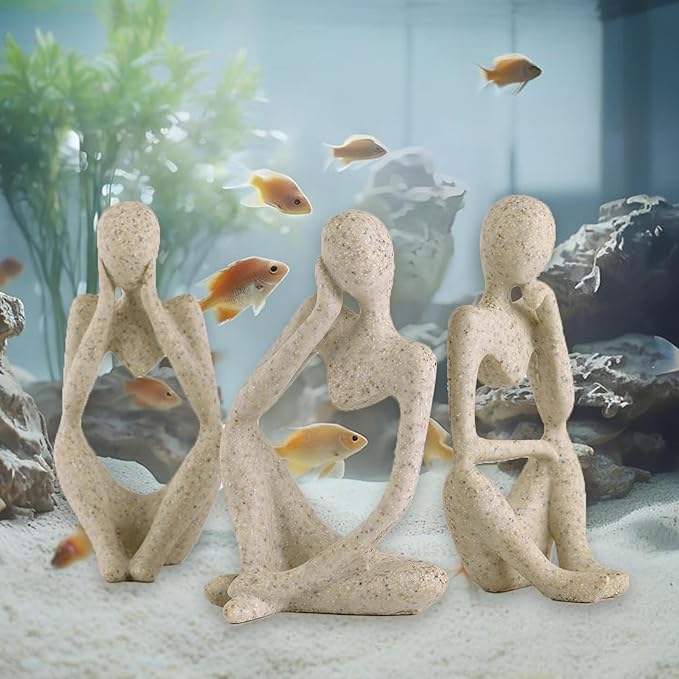 3 Pcs Fish Aquarium Decor Ornaments Minimalist Sandstone Thinker Statue Fish Tank Decorations Small Accessories Resin Abstract Home Decor Fish Toy for Betta Cichlid Goldfish Shrimps Hermit Crabs