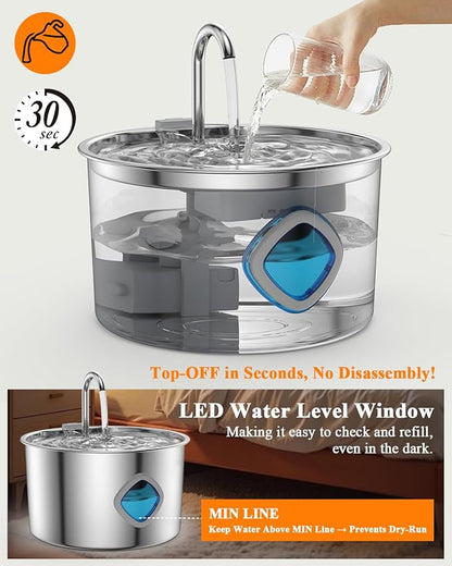 Cat Water Fountain Stainless Steel [3.2L/108oz] Large Capacity Automatic Water Dispenser for Cats Indoor with 3 Filters Kit, LED Water Level Window, Easy to Clean, Ideal for Cats Dogs Multi-Pet Home
