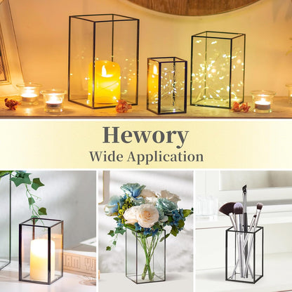Glass Hurricane Candle Holder Large - Hewory 3pcs Black Rectangle Flower Holders Centerpiece for Table, Tall Floor Square Pillar Candle Lantern for Wedding, Anniversary, Party, Fireplace, Dining Room