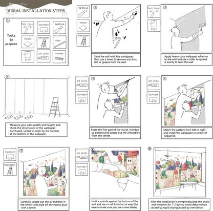 AFZEVEB-Cartoon Watercolor House Nursery Wallpaper Wall murals for Kids Room 136"x96" (Not Peel and Stick)