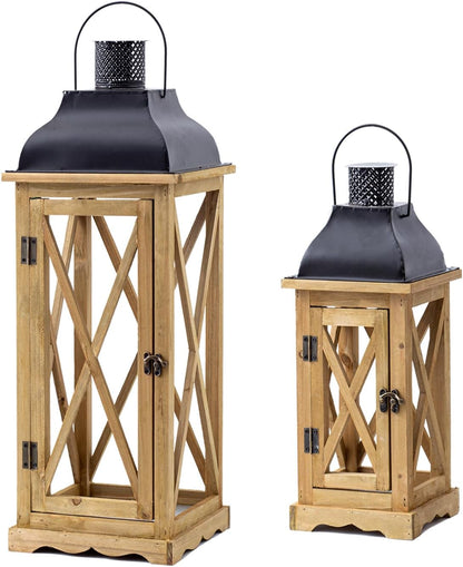 Farmhouse Wooden Metal Candle Lantern Set of 2, Rustic Large Decorative Floor Lanterns, Indoor/Outdoor Hurricane Lantern for Home Decor (No Glass)