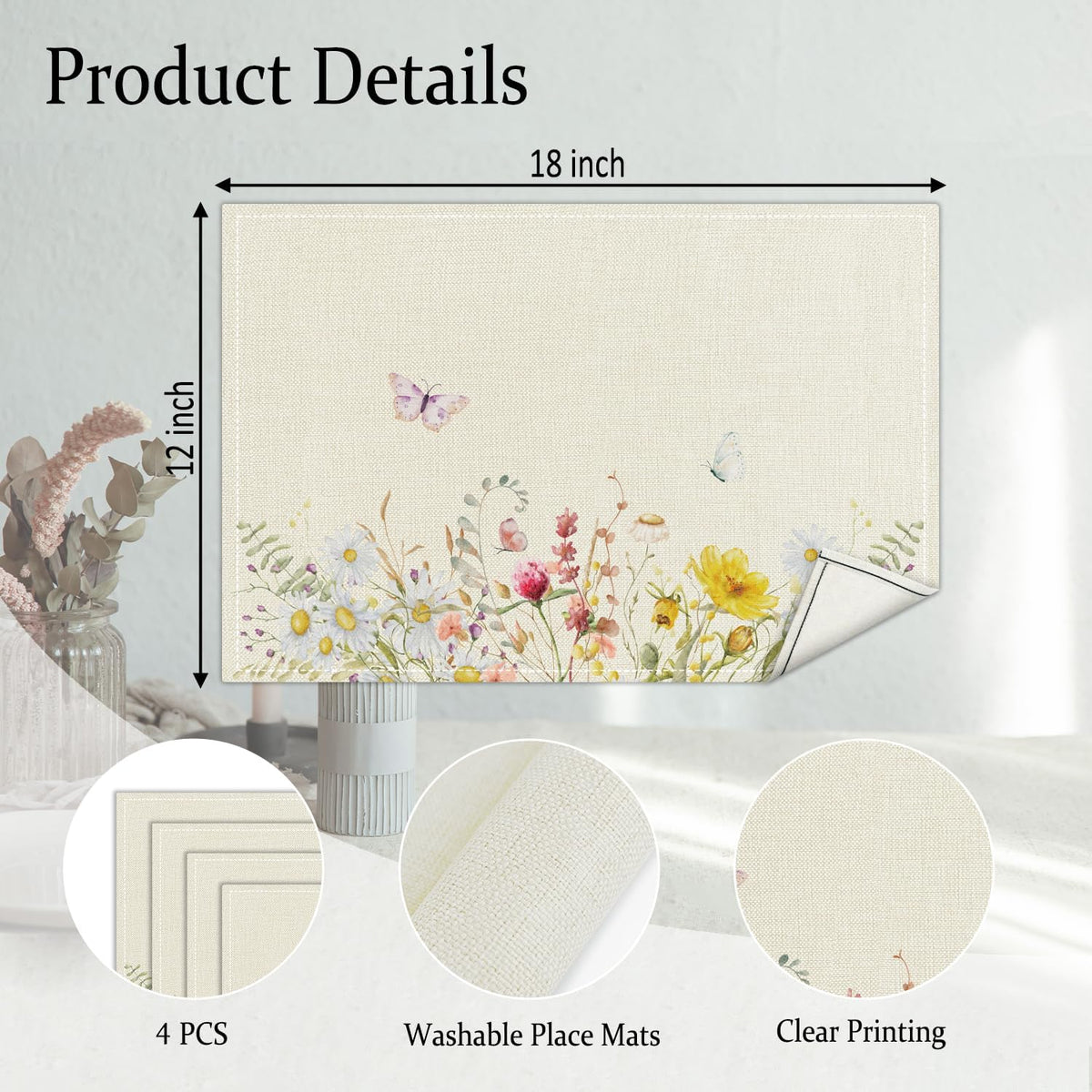 Wildflowers Placemats Set of 4, Floral Table Mat for Home Kitchen, Restaurants, Outdoor Linen Washable Place Mats 12x18 inch Party Event Dining Decoration-11