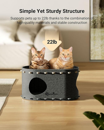 DownyPaws Cat House for Indoor Cats, Cat Bed Cave for Multiple & Large Cats Up to 22 Lbs, Scratch Resistant Peekaboo Cat Caves, Foldable Tunnel Enclosed Bed, PeekaPurr, Sesame Gray