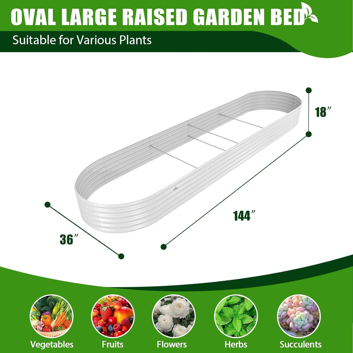 A ANLEOLIFE 12X3X1.5 ft Galvanized Raised Garden Beds Outdoor, Oval Extra Large Metal Planter Box for Planting Vegetables Flowers Herb, Anti-Rust & Easy-Setup, Antique White