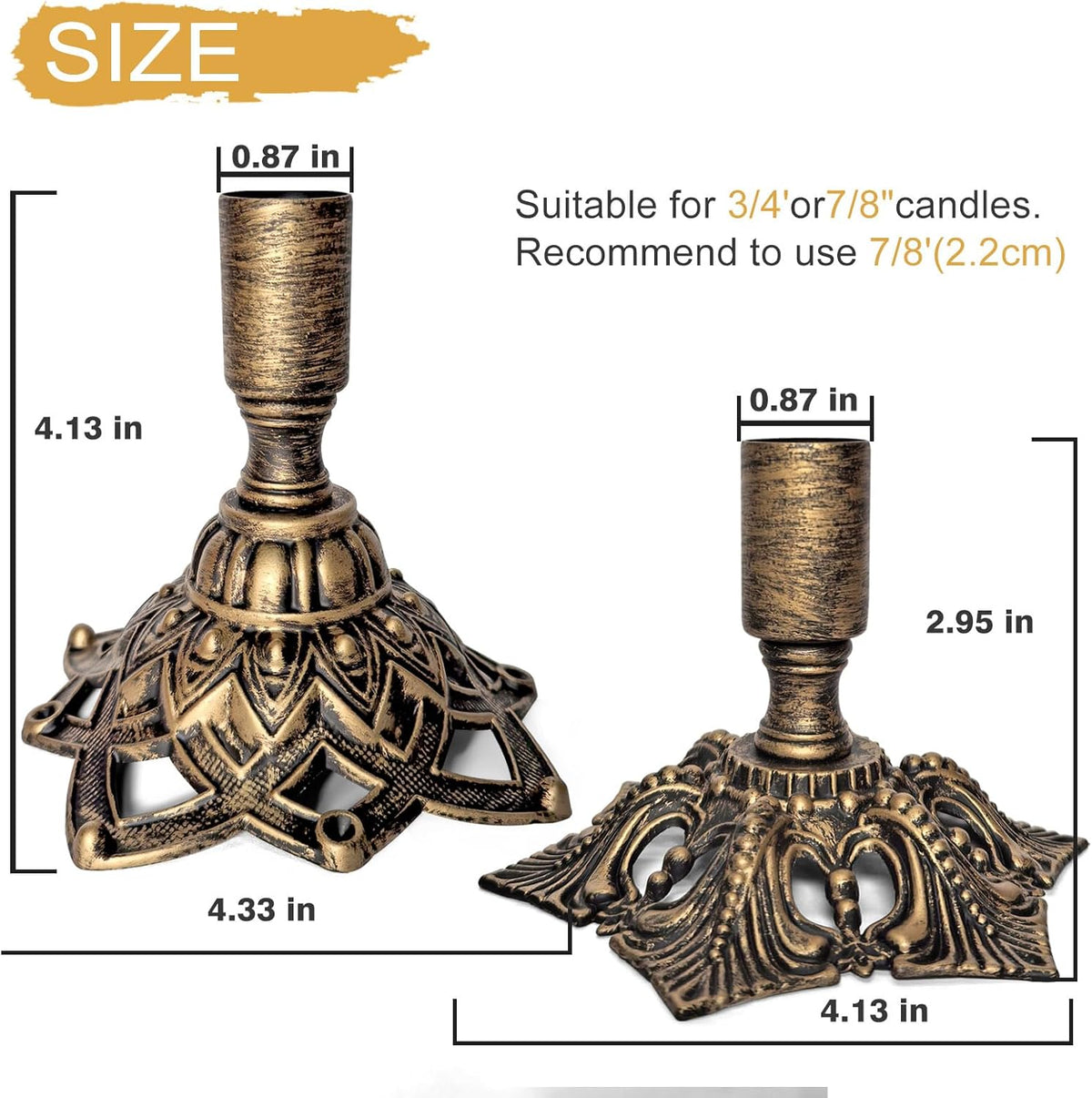 Candlestick Holders,Taper Candle Holder for Candlesticks Gold Brass Vintage Candle Metal Stick Candle Holders for Fireplace, Party, Dining,Wedding Decor,Fits 3/4 inch Thick Candle(Set of 2Pcs)