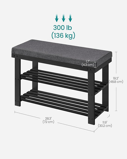 SONGMICS Bamboo Shoe Bench, 3-Tier Shoe Rack Organizer for Entryway, Living Room, Bench Seat Holds Up to 300 lb, 11.9 x 28.3 x 19.2 Inches, Ink Black and Slate Gray ULBS604B01
