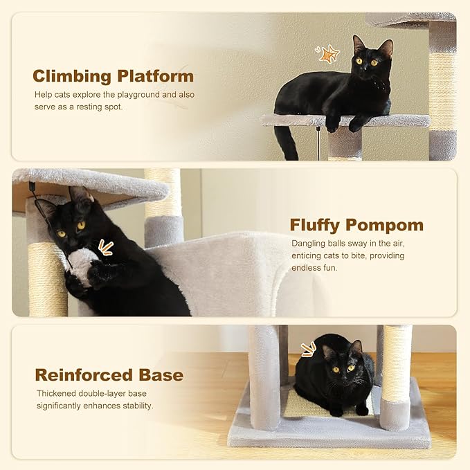 PAWZ Road Cat Tree Tower 62 Inches Cat Tree with 2 Condos,2 Large Perch,4 Scratching Posts & 1 Scratching Board, and 2 Hanging Balls for Indoor Cats-Grey