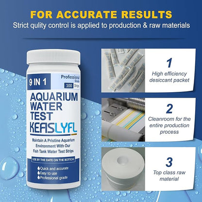 Aquarium Test Strips,100 Strips 9 in1 Saltwater and Freshwater Aquarium Test Kit for Aquarium,Pond and Fish tank,Testing Carbonate,Alkalinity,pH,Hardness,Free Chlorine,Nitrate,Nitrite,copper and Iron.