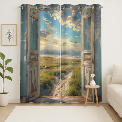 Landscape Blackout Curtains for Girls Boys Home Decor, Cow Sunset Grassland Mountain Natural Scenery Grommet Thermal Insulated Drapes Darkening Window Curtain for Bedroom Living Room, 63 x 63 Inch