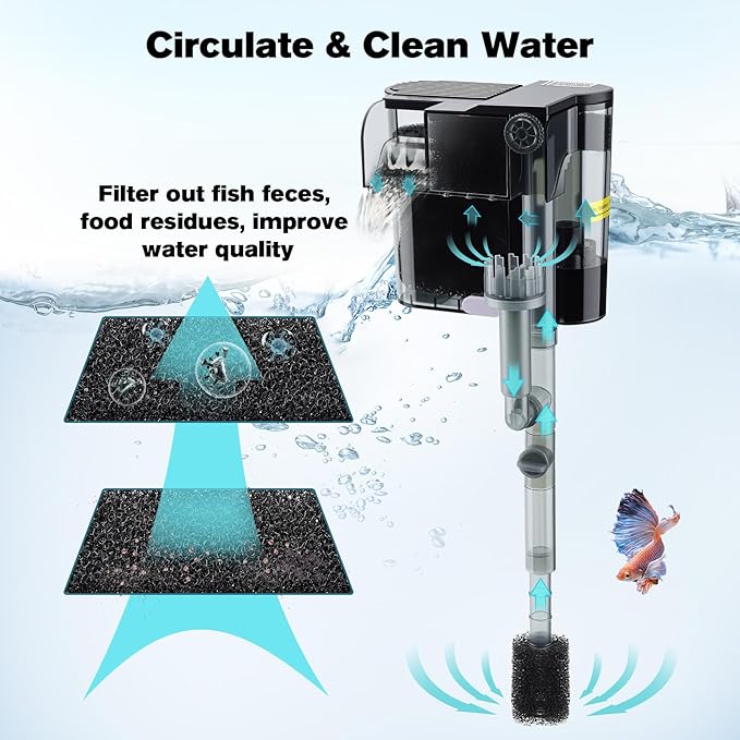 hygger Hang On Back Aquarium Filter, Small Fish Tank Filter Waterfall Filtration System, Adjustable Water Flow with Surface Skimmer, Replaceable Sponge Quiet Hanging Filter for Tank 5~10 Gal