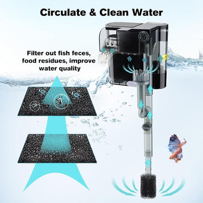 hygger Hang On Back Aquarium Filter, Small Fish Tank Filter Waterfall Filtration System, Adjustable Water Flow with Surface Skimmer, Replaceable Sponge Quiet Hanging Filter for Tank 5~10 Gal