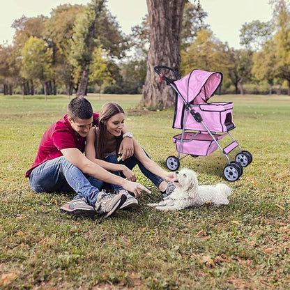 4 Wheels Pet Stroller Cat Dog Cage Stroller Travel Folding Carrier with Cup Holders and Removable Liner for Small-Medium Dog, Cat (Pink)