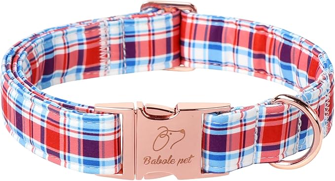 Adjustable Plaid Boy Dog Collar - Classic Boy Dog Plaid Collars for Small Dogs, Durable Red White Blue Heavy Duty Metal Buckle Pet Collar S