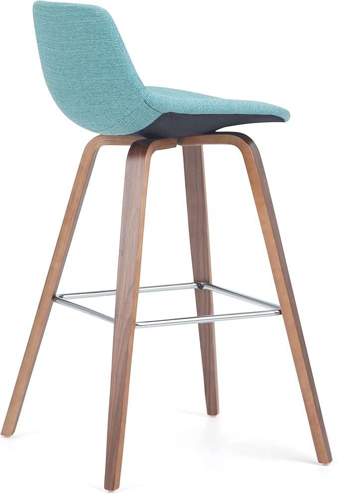SIMPLIHOME Randolph Counter Stools (Set of 2) - 28 Inch Seat Height Upholstered Bentwood Kitchen Seats in Aqua Blue Linen Look Fabric, Mid Century Modern Seating with Curved Backrest and Footrest