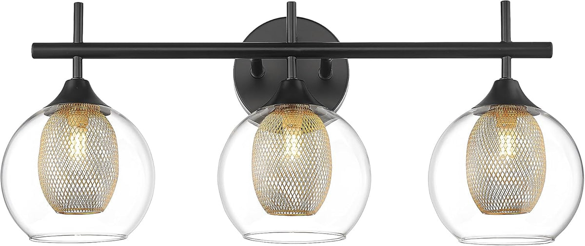 Bathroom Light Fixtures, 3-Light Black and Gold Vanity Lights Over Mirror, Farmhouse Wall Sconce Lighting with Clear Glass and Honeycomb Metal Shade, AD-22001-3W-BK