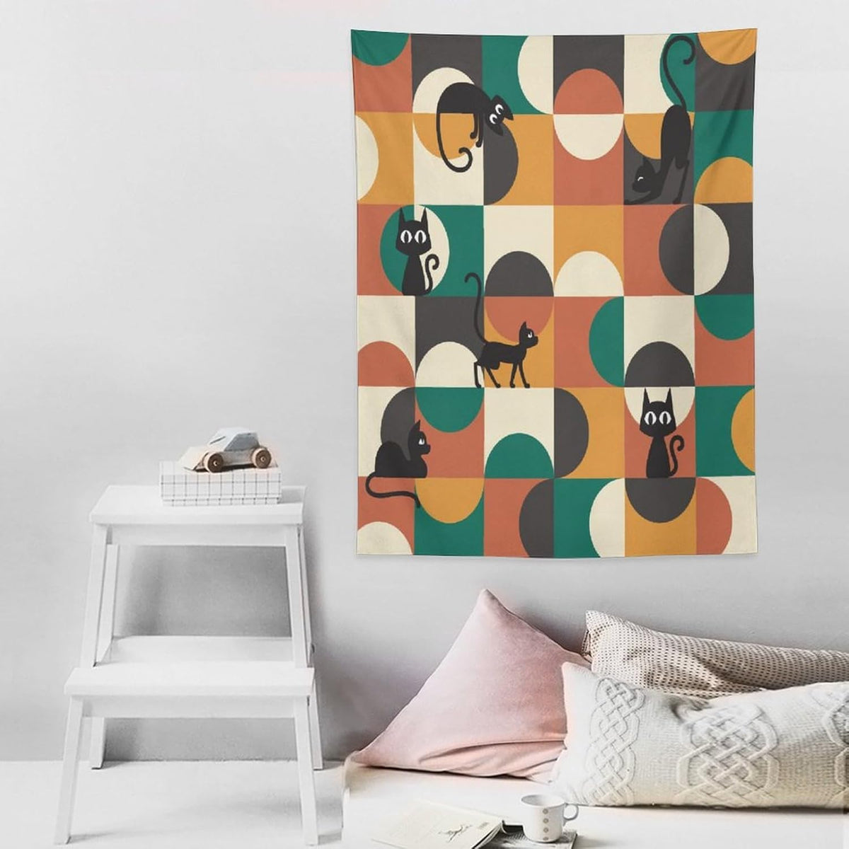 ICMOLYYENLO Boho Medieval Cat Tapestry, Abstract Atomic Starburst Geometric Aesthetic Art Wall Hanging For Bedroom Living Room Dormitory 60x60 Inches