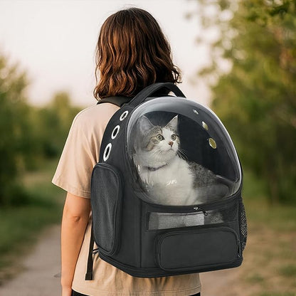 Amazon Basics Pet Carrier Backpack for Small Cats & Dogs, Collapsible Travel Carrier with Bubble Window & Breathable Mesh, Foldable for Travel, Black