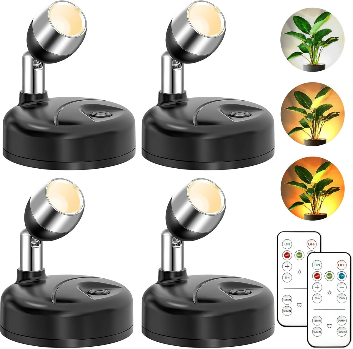 4 Pack Wireless LED Spotlights Indoor, Plant Battery Operated Tree Lights, Uplighting Picture Light with Remote, Accent Lights for Display Artwork Dartboard
