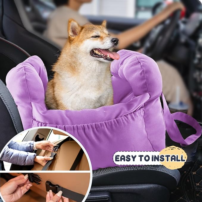Dog Car Seat for Small Dogs, Portable Puppy Car Seat of Easy Installation, Fashionable Pet Carrier Bag with Large Pockets, Machine Washable Dog Booster Seat (Purple)