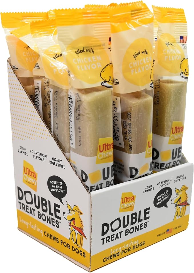 Ultra Chewy Chicken Double Treat Bones: Long-Lasting Dog Treats Made in USA for Large and Small Breeds, Highly Digestible, Ideal for Aggressive Chewers (12 Count)
