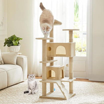 DUMOS 54-inch Indoor Cat Tree Tower –Multi-Level Pet House for Large Cats with 2 Condos, Scratching Posts, Round Platform, Small Ladder, and Toys, Beige