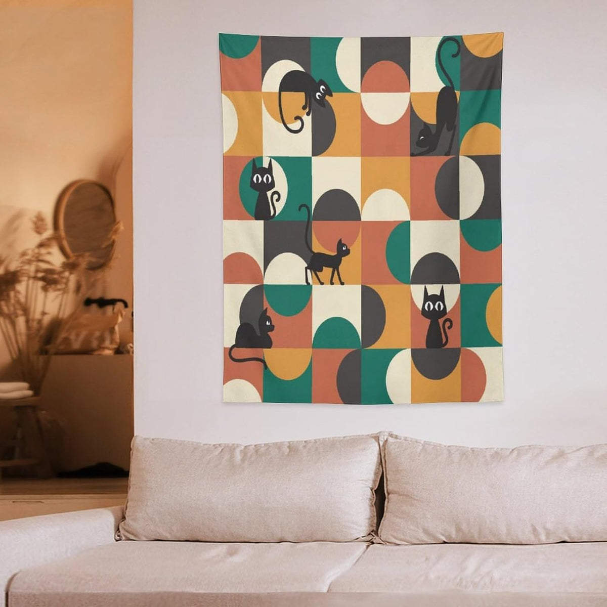 ICMOLYYENLO Boho Medieval Cat Tapestry, Abstract Atomic Starburst Geometric Aesthetic Art Wall Hanging For Bedroom Living Room Dormitory 60x80 Inches