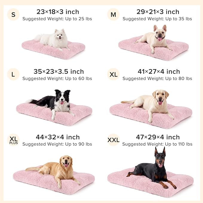 JOEJOY Large Dog Bed Crate Pad, Deluxe Plush Washable Dog Beds Fulffy Soft Kennel Pad Anti-Slip Pet Sleeping Mat for Large Medium Small Dogs, 35" x 23", Pink