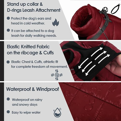 AOFITEE Dog Coat, Waterproof Dog Jacket for Winter, Warm Fullbody Dogs Snowsuit, Winter Coat for Small Dogs, Zip Up Pet Puffer Jacket Fleece Vest, Outdoor Reflective Pet Coats, Christmas Red, Medium