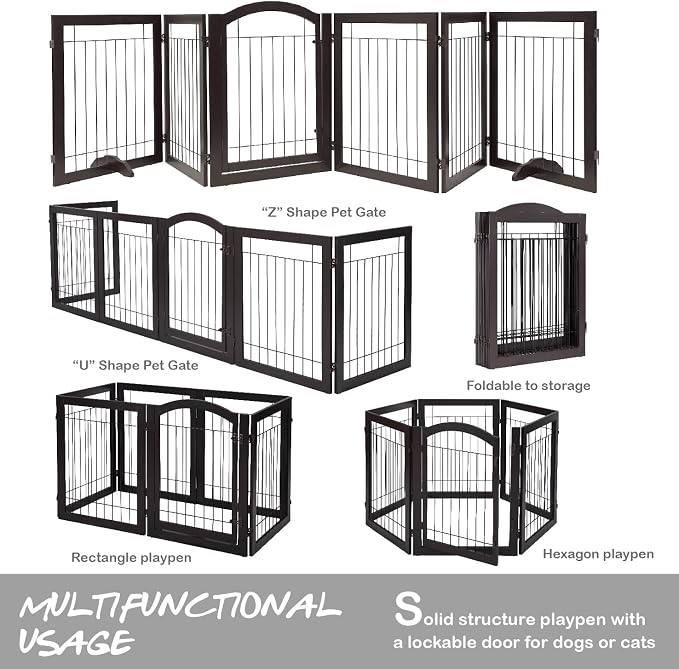 PAWLAND 144-inch Extra Wide 30-inches Tall Dog gate with Door Walk Through, Freestanding Wire Pet Gate for The House, Doorway, Stairs, Pet Puppy Safety Fence, Support Feet Included, Espresso,6 Panels