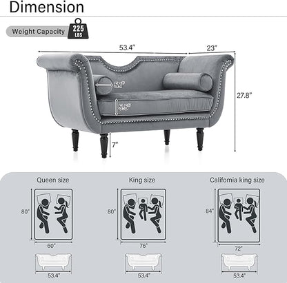 Christopher Knight Home Aurora Velvet Chaise Lounge Indoor with 2 Bolster Pillows, Upholstery Entryway Bench with Nailhead Trim & Curved Arms, End of Bed Bench Ottoman and Wooden Legs, Grey