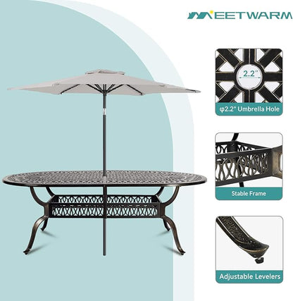 MEETWARM 9-Piece Outdoor Patio Dining Set, 8 Outdoor Dining Chairs and 1 Oval Table with 2" Umbrella Hole, All Weather Cast Aluminum Patio Funiture Set for Backyard, Patio, Garden
