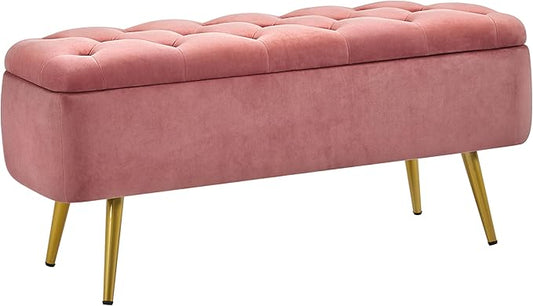 Yaheetech Ottoman with Storage, Velvet Entryway Bench with Safety Hinge, Upholstered Bench with Seating for Bedroom, Living Room, Holds up to 519 lb, Pink