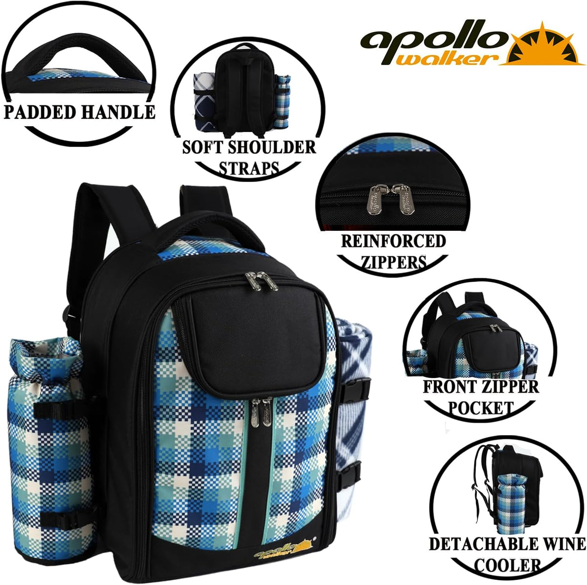apollo walker Picnic Backpack Bag for 2 Person with Cooler Compartment, Detachable Bottle/Wine Holder, Fleece Blanket, Plates and Cutlery Set