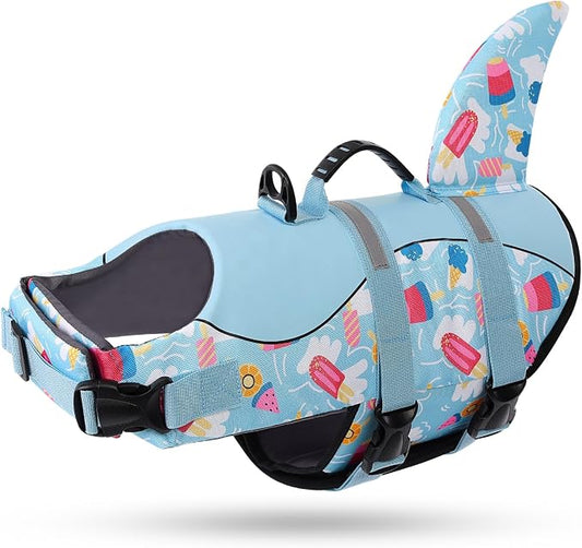 Shark Dog Life Vest - High Buoyant Jacket, Ripstop Flotation Swimsuit for Small, Medium, Large Dogs (Blue Ice Cream, L)