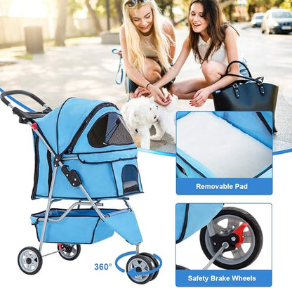 BestPet | 3-Wheel Pet Stroller | Dog and Cat Stroller | Breathable Mesh | Lightweight Travel Carrier | Waterproof & Foldable Design | Storage Basket | Black | for Daily Walks & Outdoor Use