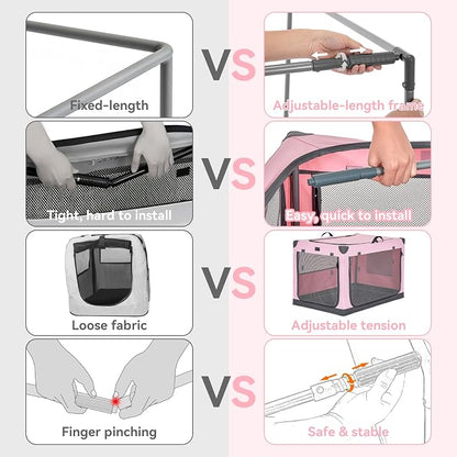 PETSFIT 40" Soft Portable Dog Crate – Patented Spiral Sturdy Frame, Collapsible Travel Kennel for Large Dogs, 3 Mesh Door, Lockable Zippers, Indoor & Car Use Pink