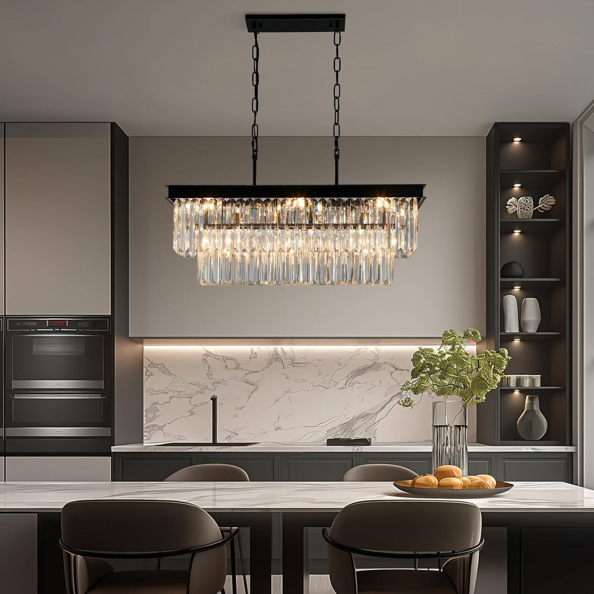 Black Crystal Chandeliers for Dining Room Light Fixtures Over Table，9-Lights Modern Rectangle Chandeliers for Kitchen Island Bar L28 Inch