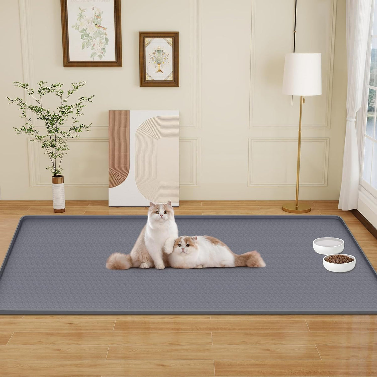 Cat Food Mat, 51.2" x 25.6" Extra Large Silicone Pet Feeding Mat with Raised Edge Pet Placemat for Food and Water Bowl Non-Slip, Easy to Clean, Floor Protection (Dark Grey)