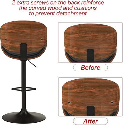 KCC Bar Stools Set of 2, Swivel Adjustable Height Barstools, PU Leather Upholstered Bar Chairs with Footrest, Bentwood Bar Stool for Kitchen, Bar, Dining Room(Black PU)