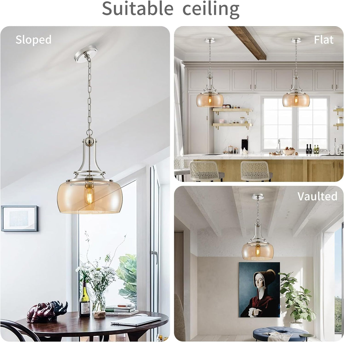 WUZUPS Nickel Chandelier Rustic Farmhouse Industrial Round Ceiling Pendant LED Light Fixture with Amber Glass Shade for Dining Room Kitchen Island Foyer Entryway, H 17" W 13.4", E26 Base