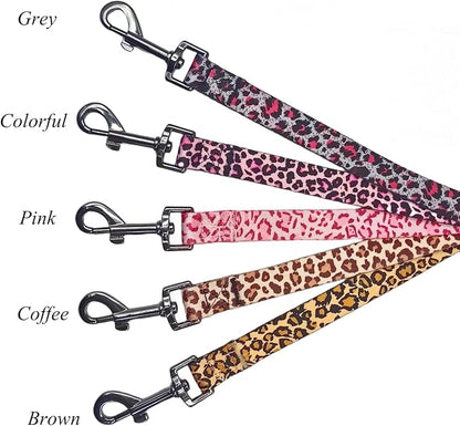 Dog Collar Leash Set, Leopard Pattern, Polyester Material, Adjustable Collar and 5ft Matching Leash, for Small Dogs.(S, Light Coffee Leopard)