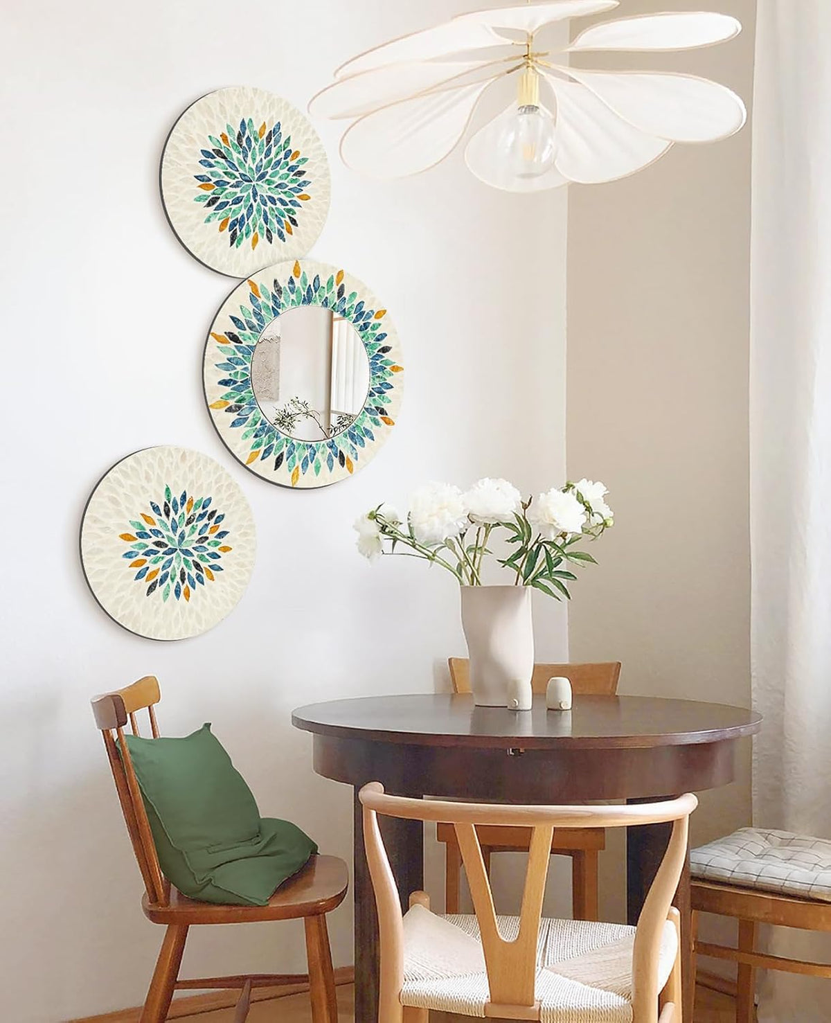 TEIPAI Jewel-Tone Mother of Pearl Mirror Wall Decor for Living Room, 3PCS Handmade Round Wall Art for Home Guest Room Decoration, Unique Mosaic Art Gift for Birthday Wedding Housewarming (Colored)
