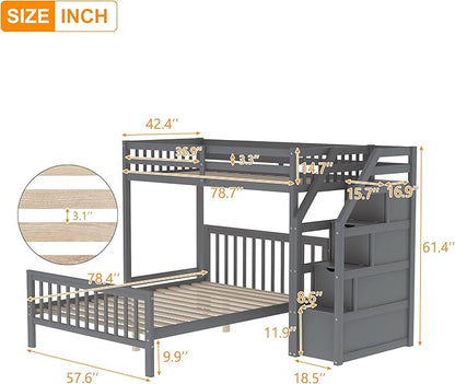 Twin Over Full Wood Loft Bed with Staircase,High Guardrails and Ladder-Handrails,Ladder W/ 3 Storage Grids,Bedroom Furniture for Children,Teens,Adults,Gray