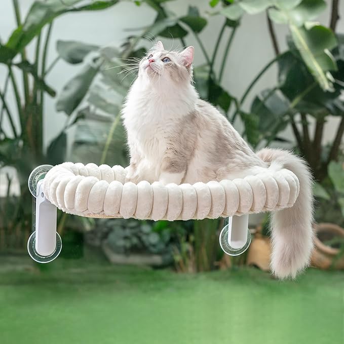 Sunhoo Cat Window Perch Bed Foldable Kitty Windowsill Hammock Shelf Seat Large Cats Suction Cup Indoor Kitten Window Sill Lounger with Soft Plush Cushion Machine Washable 21.26 * 11.8in (White, M)