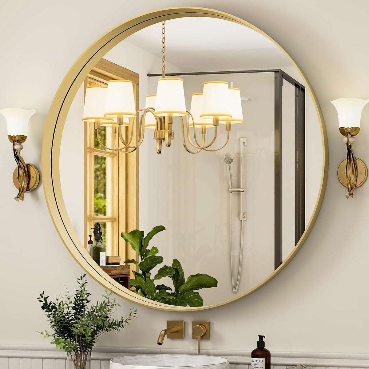 32 Inch Round Bathroom Mirror - Wall Mounted Circle Mirror with Metal Frame, Modern Mirror Suitable for Bathroom, Vanity, Entryway, Living Room, Wall Decor,Gold