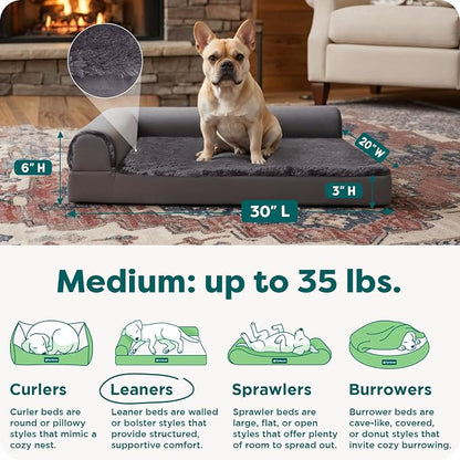 FurHaven Orthopedic Dog Bed for Medium Dogs, L-Shaped Chaise Mattress with Orthopedic Egg Crate & a Solid Orthopedic Foam Base for Joint Support, Washable Cover, Medium, Plush & Velvet, Platinum Gray